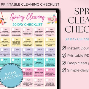 Lista de tareas para la limpieza de primavera (imprimible), reto de limpieza de 30 días, descarga digital de limpieza, lista de tareas para reiniciar el hogar, lista de tareas para ordenar (imprimible)
