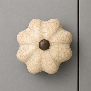 May include: Cream-colored ceramic cabinet knob with a crackle glaze finish and a dark brown center. The knob has a flower-like shape with six rounded petals. The hardware is mounted on a gray cabinet door.