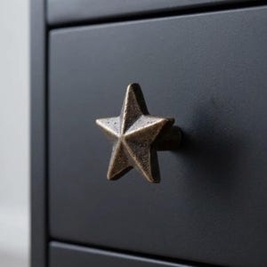 May include: A bronze-colored star-shaped drawer pull is mounted on a black cabinet. The star has a textured surface and a rustic finish, adding a decorative element to the furniture. The cabinet appears to be made of wood.