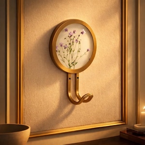 May include: A gold-colored wall hook with a circular design, featuring a glass panel with delicate purple flowers. The hook is attached to a rectangular frame, creating a decorative and functional piece for home decor.