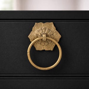May include: Close-up of a gold-colored drawer pull with a ring handle. The pull is mounted on a black surface. The decorative backplate has a floral design.