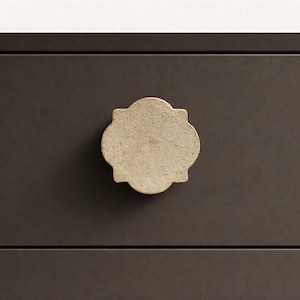 May include: A decorative cabinet knob with a quatrefoil design. The knob is a light beige color and is mounted on a dark brown cabinet drawer. The knob is made of a textured material.