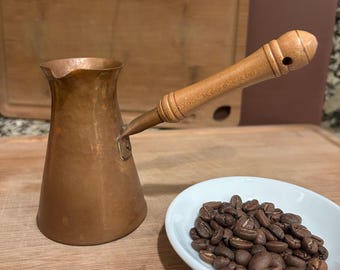 Vintage Gehämmertes Kupfer | Türkische Kaffeekanne | Kette Ibrik | Holzgriff | Boho Küche Dekor