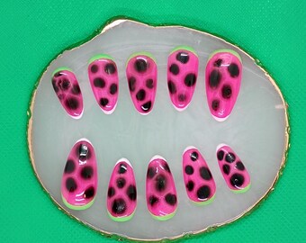 Watermelon Almond Blooming Press Ons: Medium Length