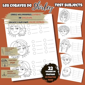 Puede incluir: Una hoja de práctica de coloreado digital titulada Les cobayes de Shirley Test Subjects con ilustraciones de arte lineal en blanco y negro de 22 rostros diversos con círculos y líneas adyacentes para registrar combinaciones de colores.