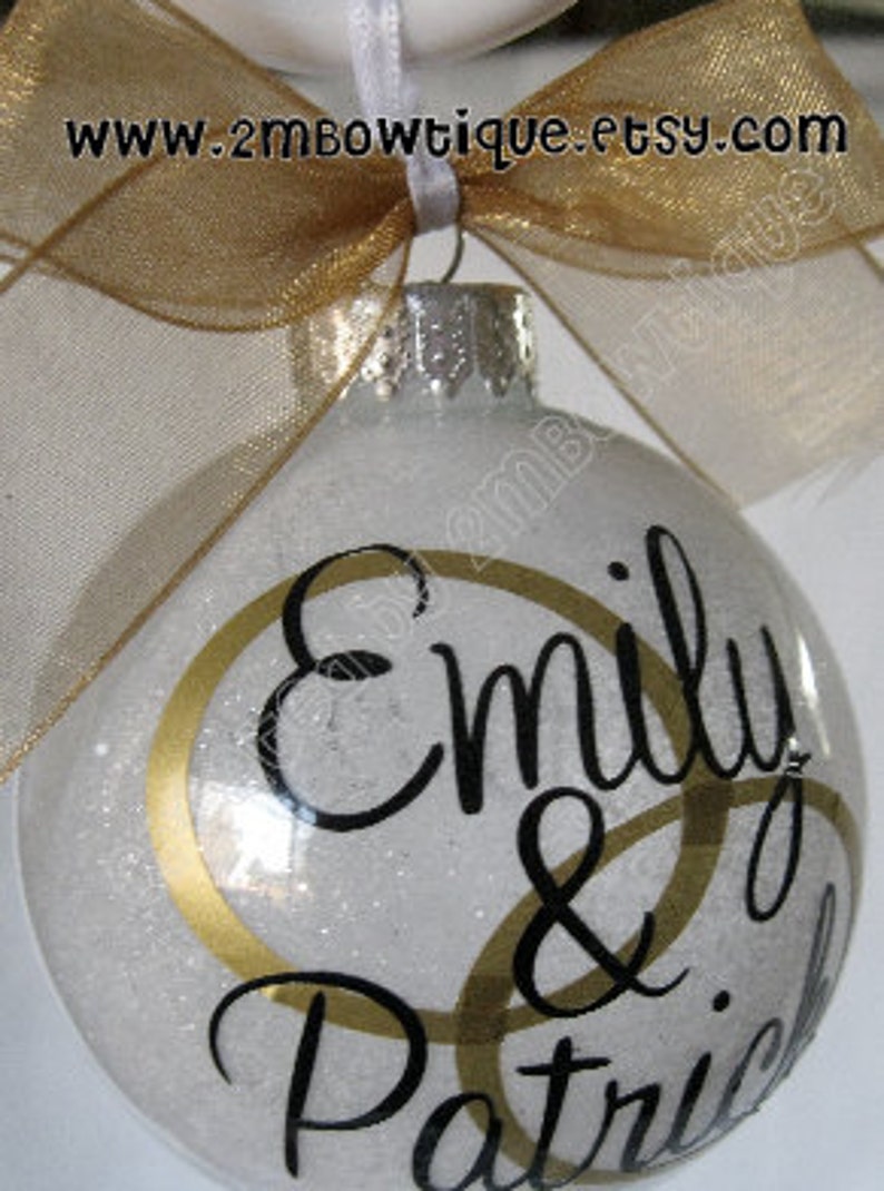 Great Gift Idea. Personalized First Christmas/Just Married Glitter Ornament, Glass. Newly Married Couple. image 1