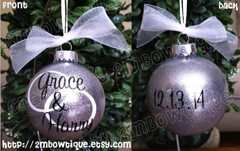 Great Gift Idea. Personalized First Christmas/Just Married Glitter Ornament, Glass. Newly Married Couple. image 3