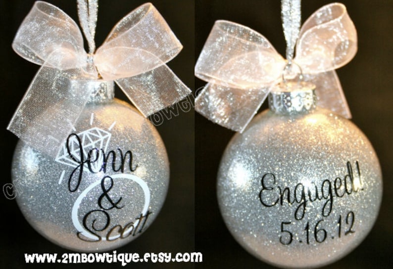 Great Engagement Gift Idea. Christmas Ornament for Engagement/Engaged Couple. Glass. image 1