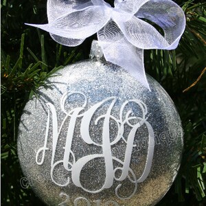 Gift Idea for Newly Married Couple. Monogrammed Glitter Ornament, Glass.