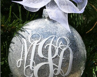 Gift Idea for Newly Married Couple. Monogrammed Glitter Ornament, Glass.