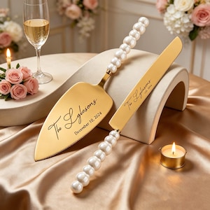 Hand Engraved Pearl Ceramic Cake Set, Personalized Stainless Steel Server