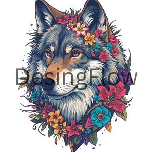 Könnte beinhalten: Eine grafische Illustration eines Wolfskopfes, umgeben von einem bunten Blumenkranz mit roten, orangen, gelben und blauen Blüten. Der Wolf hat graues und weißes Fell sowie bernsteinfarbene Augen. Der Text DesingFlow liegt über der Mitte.