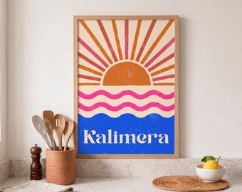 Kalimera Print Wall Art | Greek Sunrise Poster | Blue and Pink Kitchen Wall Decor | Mediterranean Aesthetic | Modern Art Print | A1 A2 A3 A4