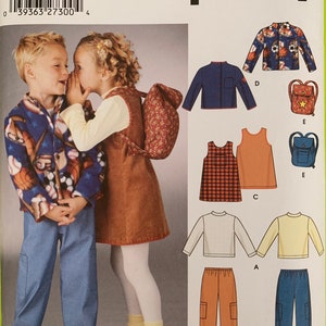 May include: A sewing pattern for children's clothing. The pattern includes a variety of styles, including a long-sleeved shirt, pants, a skirt, a dress, and a jacket. The pattern is from Simplicity.