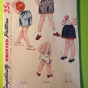 May include: Vintage Simplicity pattern 4726 featuring illustrations of children's shorts. The pattern includes various styles, such as striped shorts, denim shorts, and overall shorts. The price is 35 cents.