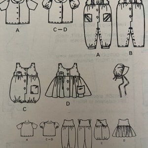 May include: A sewing pattern for a baby's outfit. The pattern includes a shirt, overalls, a dress, and a hat. The pattern is labeled with letters A, B, C, and D. The pattern is for the front and back of the outfit.