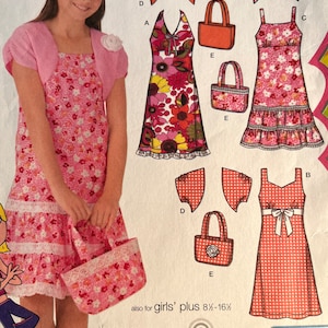 May include: A sewing pattern for girls' dresses and a matching bag. The pattern includes three different dress styles: a floral print dress with a ruffled hem, a polka dot dress with a bow, and a solid pink dress with a lace trim. The pattern also includes instructions for making a matching bag.