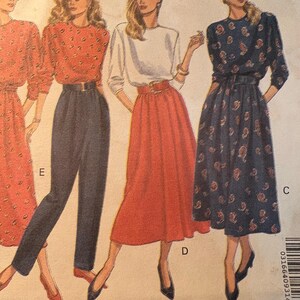 May include: A vintage sewing pattern with illustrations of women's clothing. The designs include a long-sleeved dress, a blouse and trousers set, a skirt and blouse set, and a long-sleeved dress with a belt. The colours include red, navy, and white.
