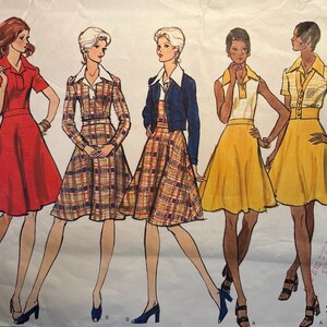 May include: Illustration of five women in vintage dresses. The dresses include a red dress with a matching jacket, a plaid dress, a yellow skirt and top, and a yellow dress with a button-up top. The illustration is in a retro style.
