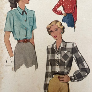 May include: A vintage sewing pattern illustration featuring three women wearing different styles of blouses. The first woman is wearing a light blue blouse with a bow tie, the second woman is wearing a red blouse with white polka dots, and the third woman is wearing a black and white plaid blouse. The illustration is on a cream-colored background.
