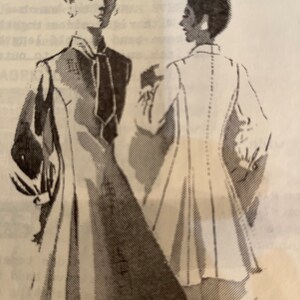May include: A black and white illustration of two people wearing long coats. The person on the left is wearing a coat with a high collar and a bow tie. The person on the right is wearing a coat with a simple collar.