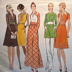 May include: Illustration of five women in vintage dresses and outfits. The dresses feature various patterns, including polka dots and plaid, and colors like brown, yellow, orange, and green. The outfits showcase the fashion styles of the era.