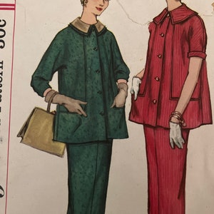 Peut inclure: Illustration de mode féminine montrant deux tenues différentes. La femme à gauche porte une robe et une veste vertes avec un chapeau assorti. La femme à droite porte une robe et une veste rouges. Les deux femmes portent des gants blancs.