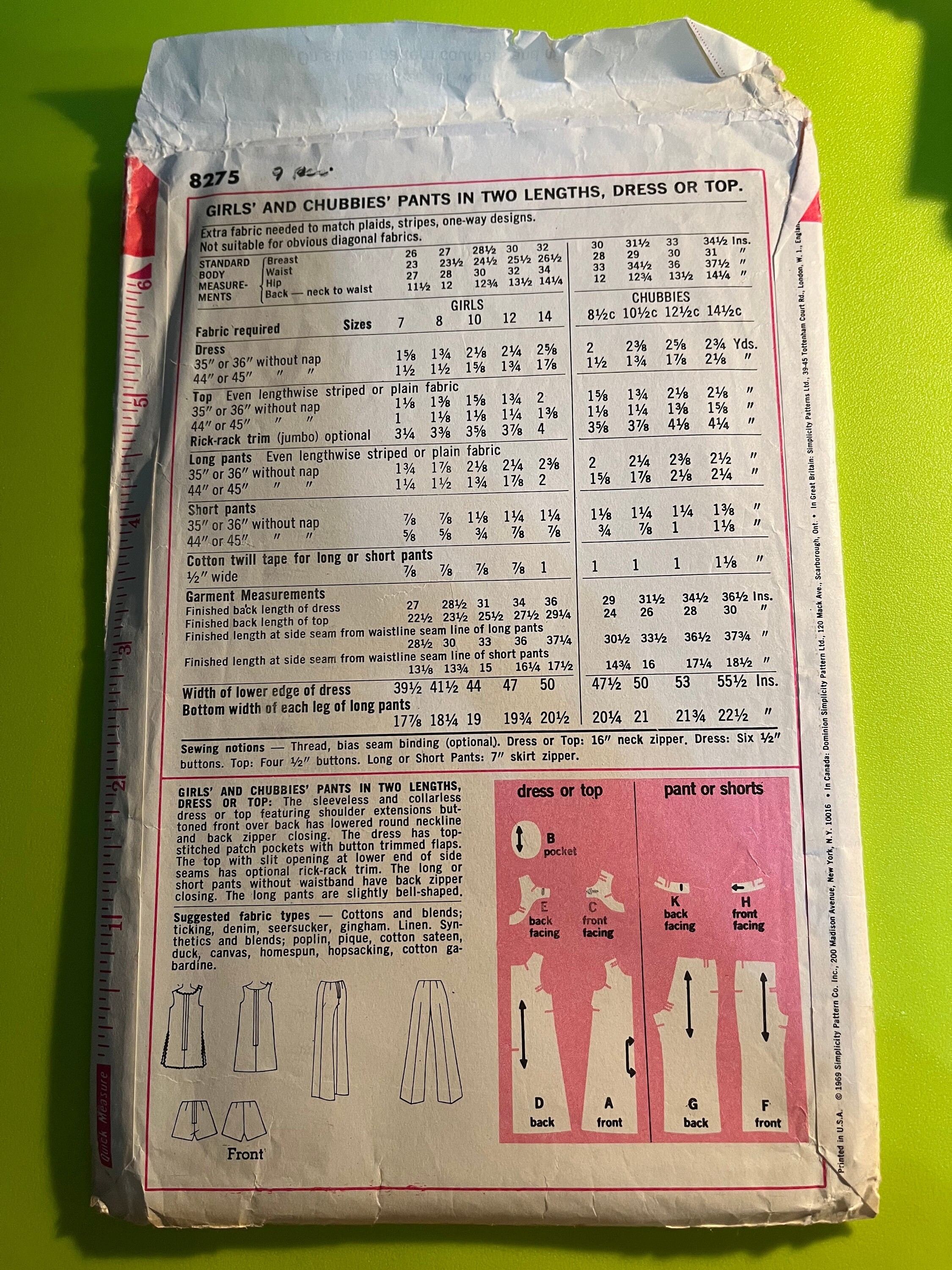 1969 Girls and Chubbies Pants, Dress or Top - Simplicity Pattern 8275 ...