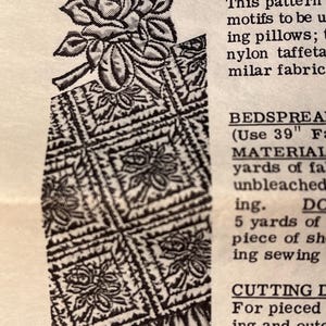 May include: Black and white illustration of a rose and a patterned design, likely for a bedspread or pillow. The design features floral motifs and geometric patterns, with text indicating instructions for use.