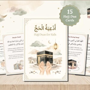 Peut inclure: Ensemble de 15 cartes Hajj Dua pour enfants. Les cartes présentent des illustrations à l'aquarelle de la Kaaba, des mains en prière et d'autres symboles religieux. Les cartes comportent du texte arabe et des traductions anglaises.