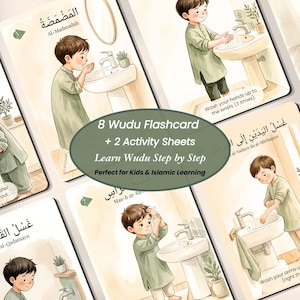 May include: A set of eight Wudu flashcards and two activity sheets. The cards feature watercolor illustrations of a young boy performing Wudu, with Arabic text and English instructions. The cards are designed for kids and Islamic learning.