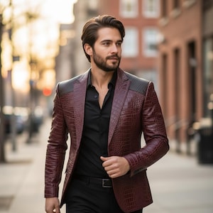 Veste de costume homme en cuir à imprimé crocodile | Blazer patchwork coupe slim | Manteau décontracté d'affaires à revers crantés | Cadeau pour lui
