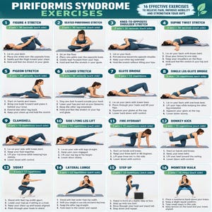May include: An instructional chart titled Piriformis Syndrome Exercises featuring 16 numbered panels. Each panel displays a person demonstrating a specific physical exercise with step-by-step text instructions, repetition counts, and set recommendations.