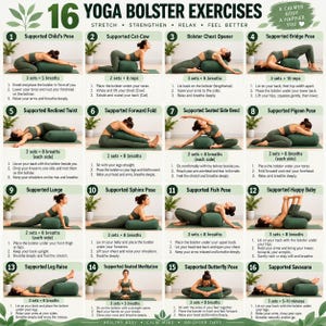 Könnte beinhalten: Ein Lehrplakat mit dem Titel 16 Yoga Bolster Exercises, das ein Raster aus sechzehn nummerierten Abbildungen zeigt. Jedes Feld zeigt eine Person, die eine bestimmte Yoga-Pose mit einem dunkelgrünen zylindrischen Bolster ausführt, begleitet von Anweisungen.