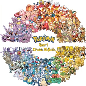May include: A circular collage of numerous colorful cartoon creatures arranged in a Poké Ball shape, featuring the blue and yellow text Pokémon Gen-1 Cross Stitch in the center. The design includes various small, detailed characters in shades of pink, purple, orange, yellow, blue, and green, all densely packed together to form a spherical composition.