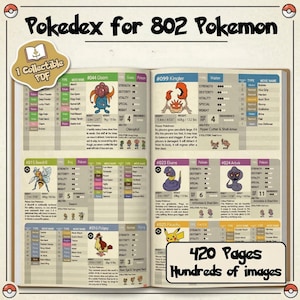 May include: A digital Pokedex for 802 Pokemon, featuring 420 pages with hundreds of images. The open book displays various Pokemon, including Gloom, Kingler, Beedrill, Ekans, Arbok, and Pikachu, with their stats and abilities.