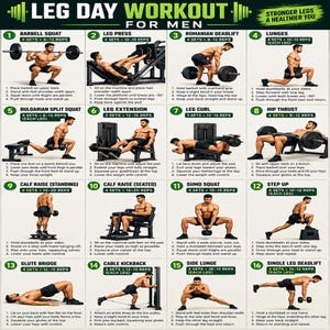 Könnte beinhalten: Ein umfassender Trainingsplan mit dem Titel Leg Day Workout for Men, der sechzehn nummerierte Übungsdarstellungen mit Anleitungen, Satz- und Wiederholungszahlen für den Muskelaufbau der Beine mit verschiedenen Fitnessgeräten zeigt.