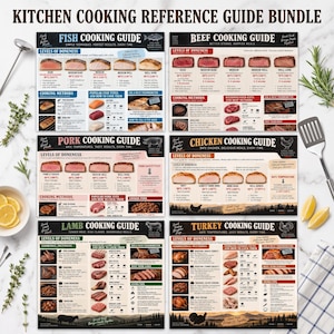 May include: A set of six kitchen cooking reference guides for fish, beef, pork, chicken, lamb, and turkey. Each guide features color-coded charts, temperature levels of doneness, cooking methods, and safety tips printed on rectangular sheets.