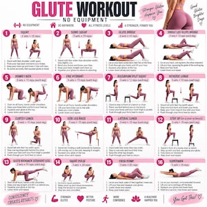 Puede incluir: Un póster informativo blanco titulado GLUTE WORKOUT NO EQUIPMENT con dieciséis ilustraciones de ejercicios numeradas. Cada sección muestra una figura vestida de rosa realizando movimientos como sentadillas y estocadas.