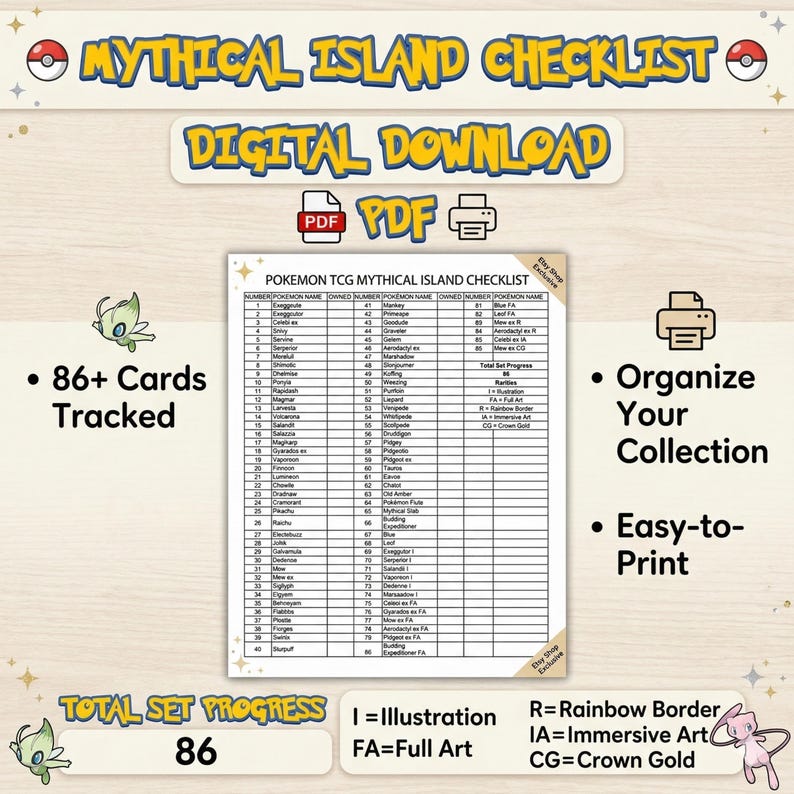 Pokemon Checklist.pdf Pokemon TCG Mythical Island Checklist, Digital Card Tracker, Printable ...