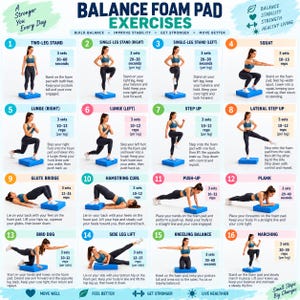 Peut inclure: Un tableau d'instructions intitulé Balance Foam Pad Exercises présentant seize illustrations numérotées d'une personne effectuant divers mouvements de fitness sur un tapis en mousse bleu, incluant squats, fentes, planches et ponts fessiers.