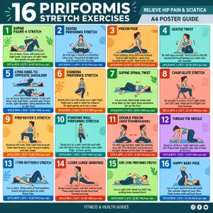 May include: An A4 poster guide titled 16 Piriformis Stretch Exercises Relieve Hip Pain & Sciatica. The chart features sixteen numbered panels with illustrations of a person in various yoga poses, including instructions, sets, and reps for each.