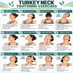 May include: An instructional chart titled Turkey Neck Tightening Exercises featuring twelve numbered panels. Each panel displays a photograph of a person demonstrating a specific neck exercise, accompanied by numbered text instructions and repetition counts.