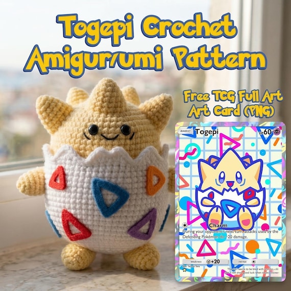 pokemon crochet cards Togepi Amigurumi Pattern PDF, Pattern, Digital Download Tutorial, DIY Anime Plush Toy, Cute Kawaii Pattern, Pokemon TCG Card with 36 different squares to choose from Tiny Electric Buddy PokéCard Crochet