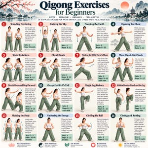 Könnte beinhalten: Ein Lehrplakat mit dem Titel Qigong Exercises for Beginners, das sechzehn nummerierte Felder enthält. Jedes Feld zeigt eine Person in einem weißen Tanktop und einer grünen Hose bei der Ausführung spezifischer Bewegungen mit Anleitungen, Sätzen und Wiederholungen.