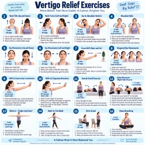 Könnte beinhalten: Eine Anleitungstafel mit dem Titel Vertigo Relief Exercises, die sechzehn nummerierte Felder mit Illustrationen und Text enthält. Jedes Feld beschreibt spezifische körperliche Bewegungen, darunter Nackenneigungen, Augenübungen und Gleichgewichtsposen, mit Wiederholungszahlen und Schritt-für-Schritt-Anleitungen.