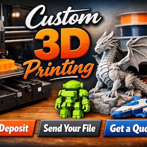 May include: An advertisement for custom 3D printing services. The image features a 3D printer, a green robot, a gray dragon statue, and a blue and white model airplane. The text "Custom 3D Printing" is prominently displayed.