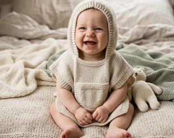 Baby Poncho Knitting Pattern, Hooded, Easy Beginner DIY (PDF Download)