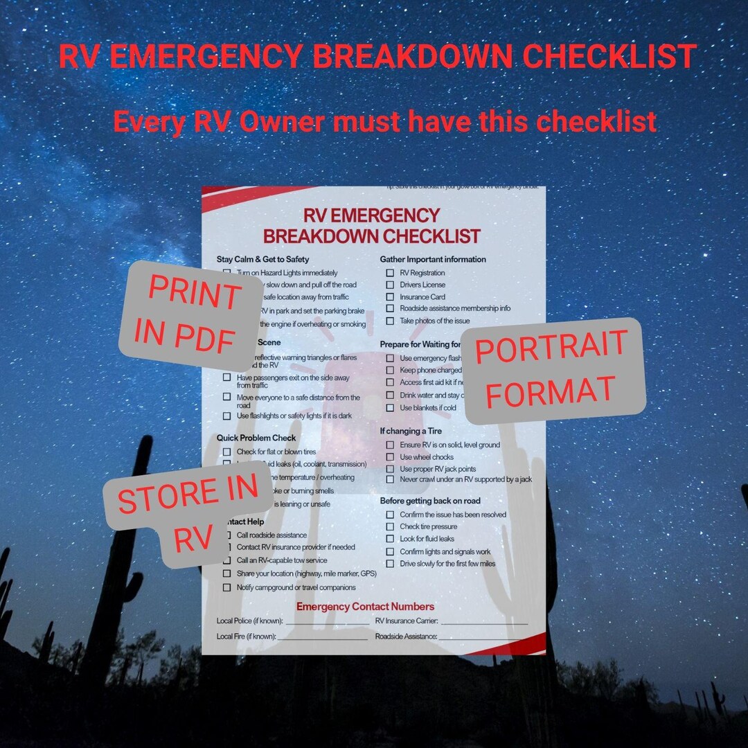 RV Emergency Breakdown Checklist: Preparedness Guide, Color, B&W ...