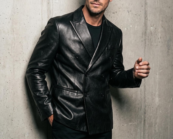 Men's Black Double-Breasted Leather Blazer, Peak Lapel Suit Jacket, Smart Casual Coat